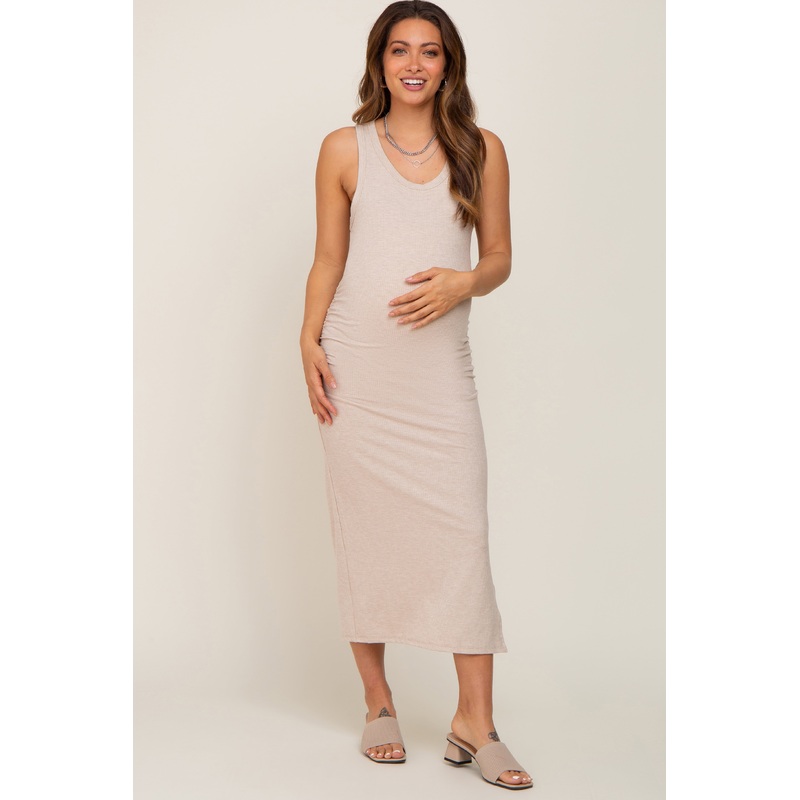 Beige Ribbed Sleeveless Ruched Side Slit Maternity Midi Dress