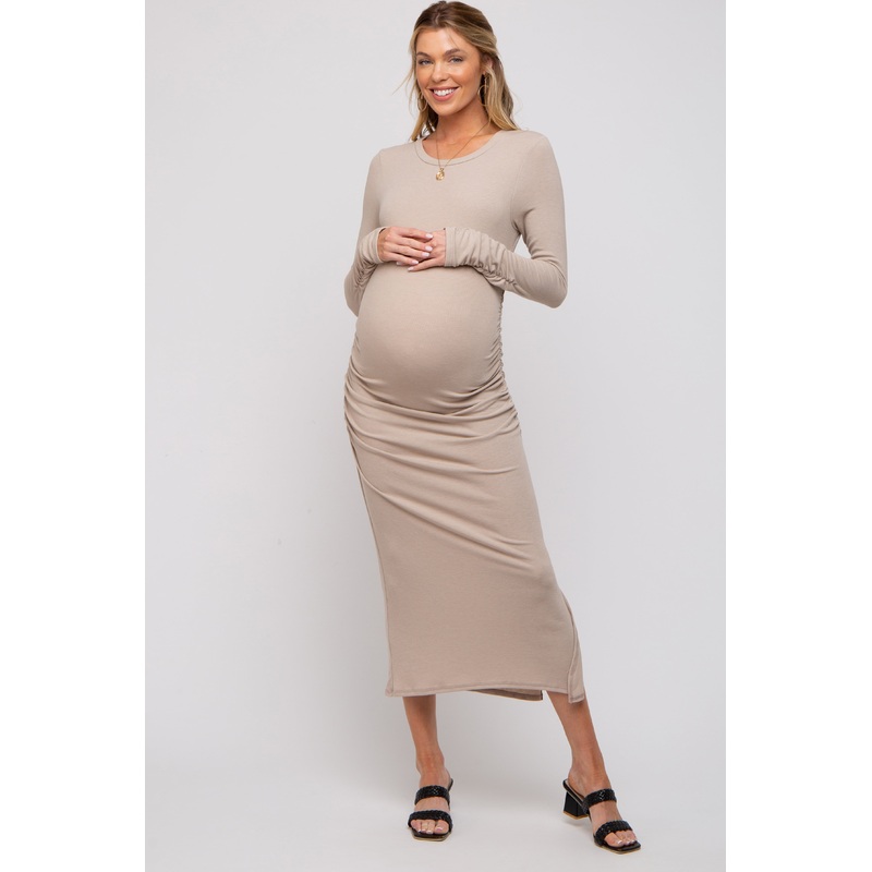 Beige Ruched Long Sleeve Maternity Midi Dress