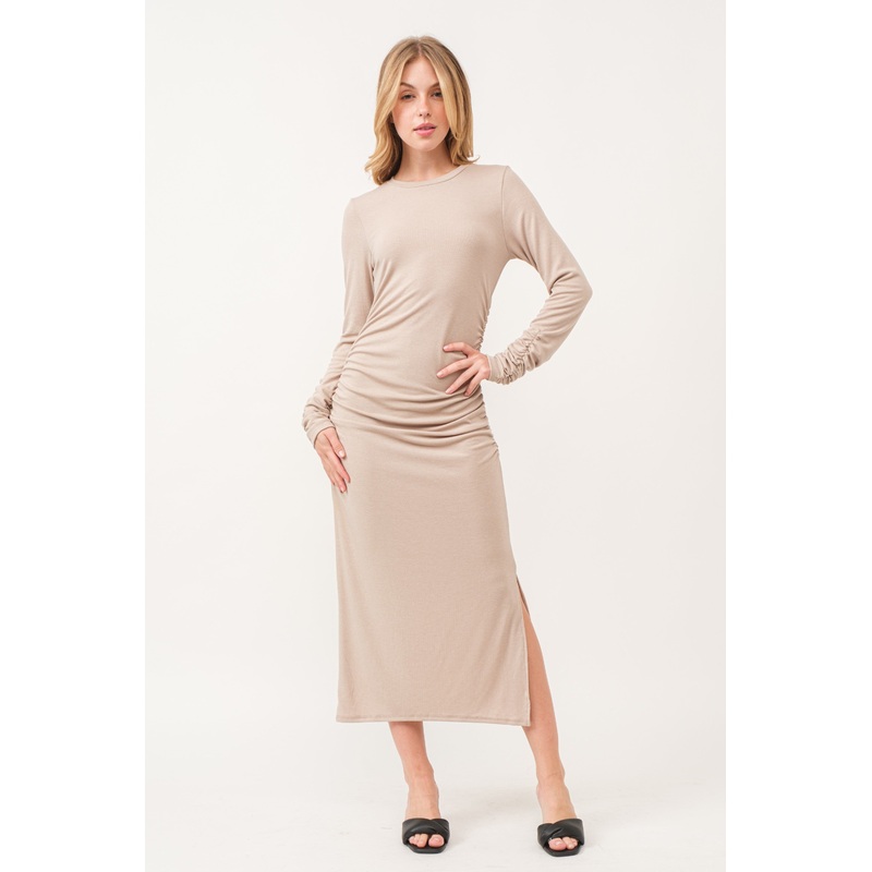 Beige Ruched Long Sleeve Midi Dress