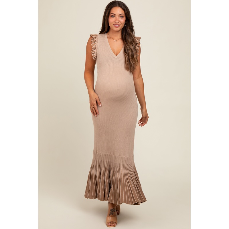 Beige Ruffle Sleeve Mermaid Hem Maternity Midi Dress