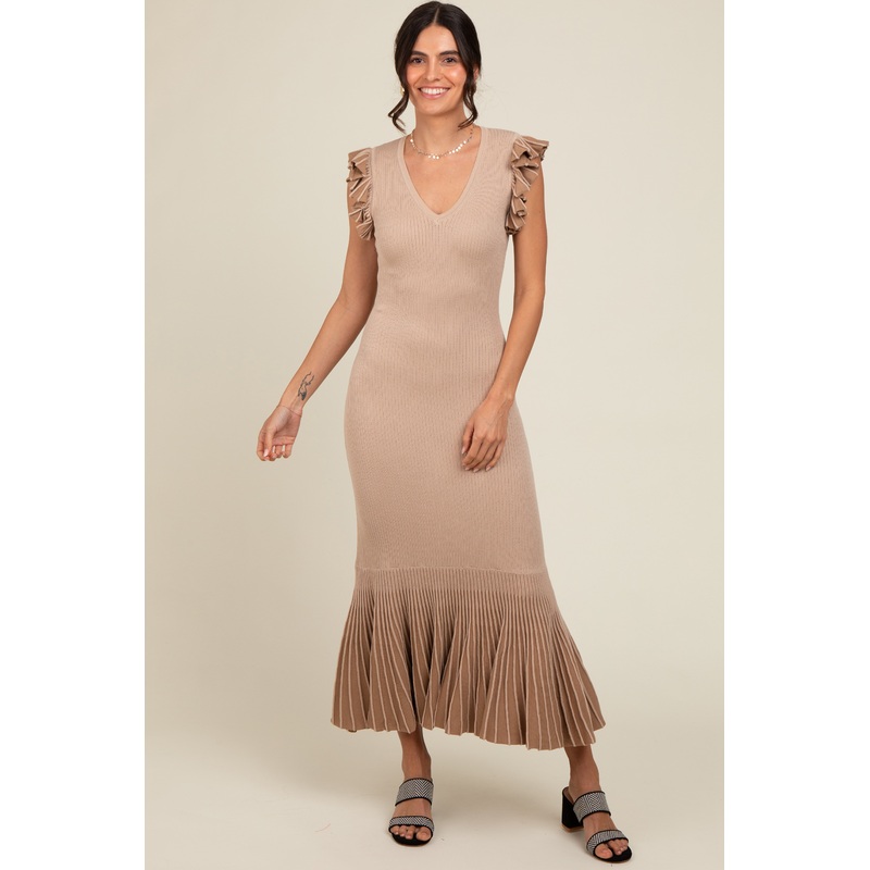 Beige Ruffle Sleeve Mermaid Hem Midi Dress