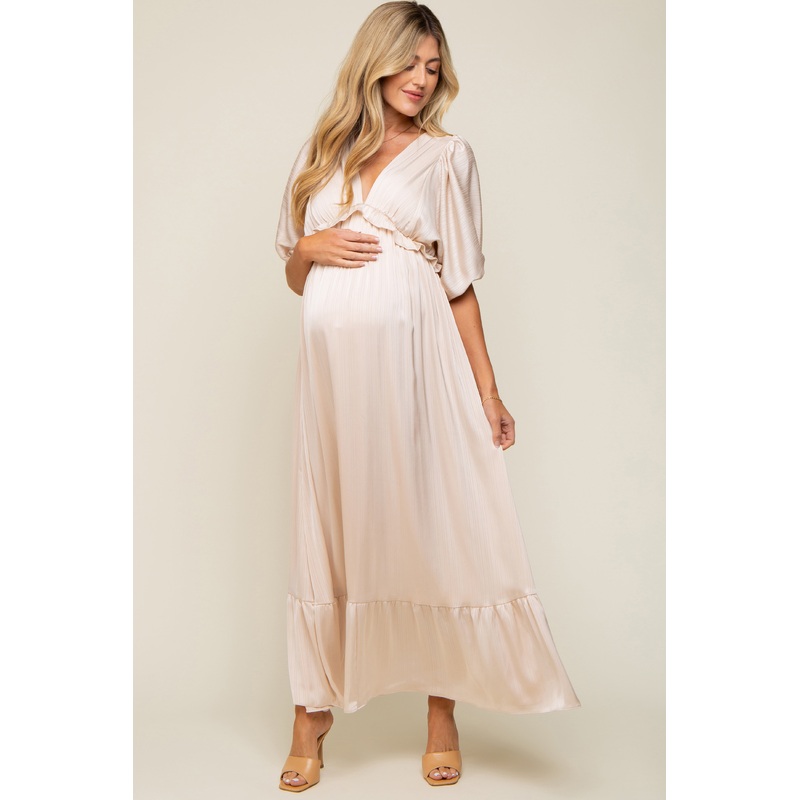Beige Striped Ruffle Accent Maternity Maxi Dress