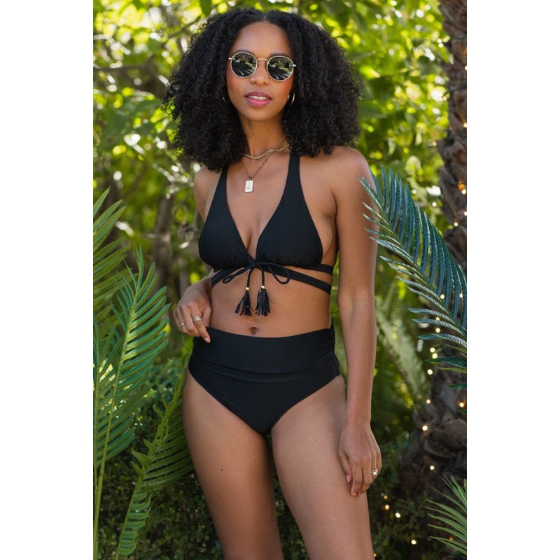 Black Tie Front Side Strap Bikini Set