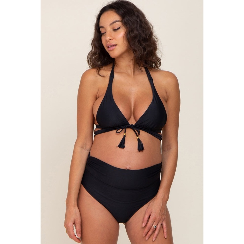 Black Tie Front Side Strap Maternity Bikini Set