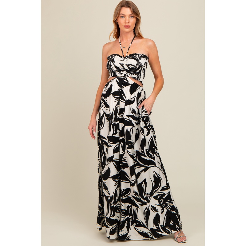Black Tropical Print Cutout Smocked Maternity Jumpsuit