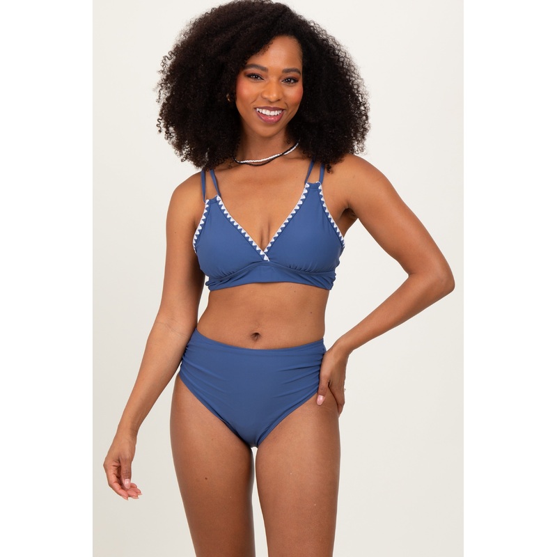 Blue Crochet Detail Double Strap Bikini Set