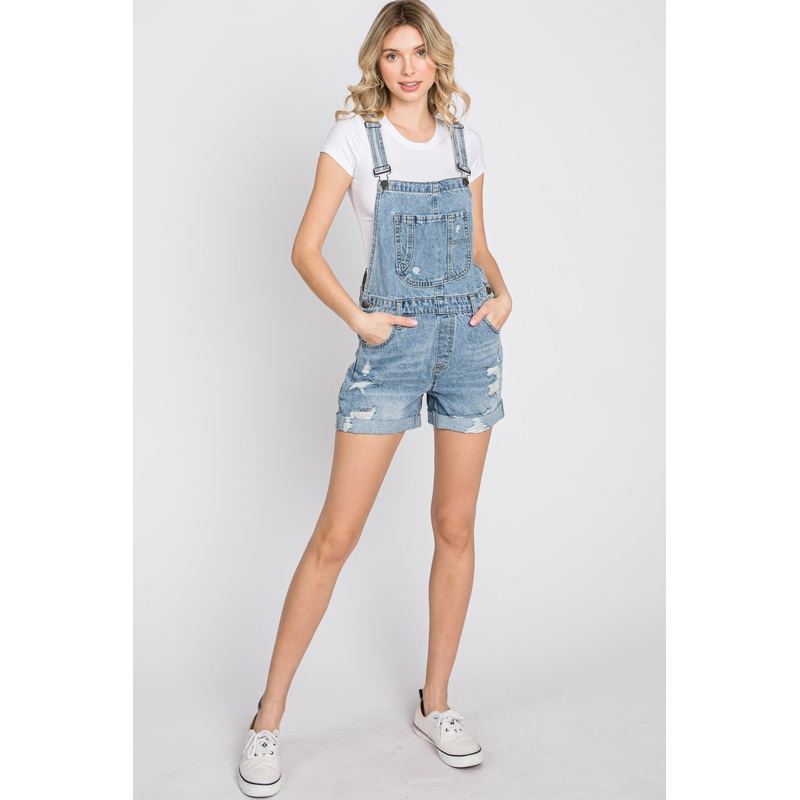 Blue Distressed Denim Short Overalls