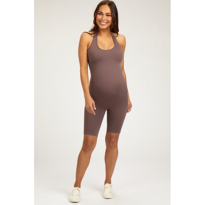 Brown Ribbed Fitted Halter Maternity Romper