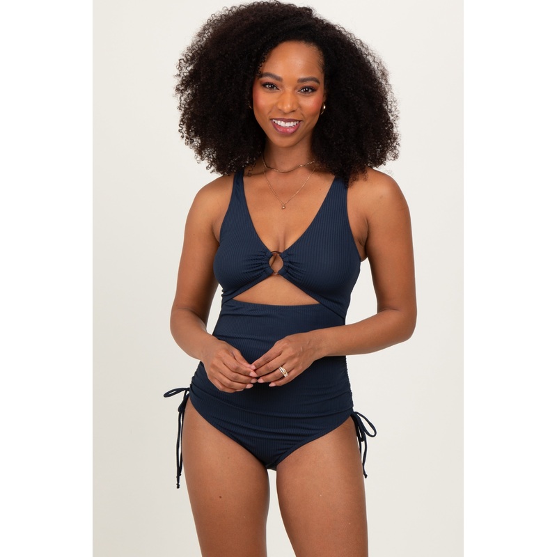 Navy Ribbed O-Ring Cutout Tie Side Swimsuit