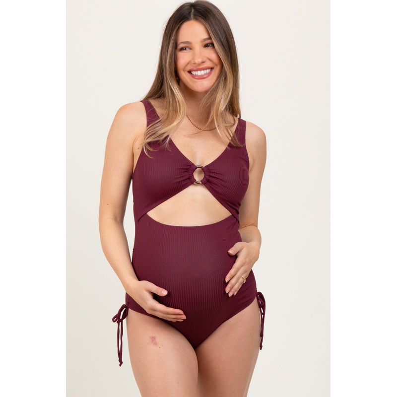 Plum Ribbed O-Ring Cutout Tie Side Maternity Swimsuit