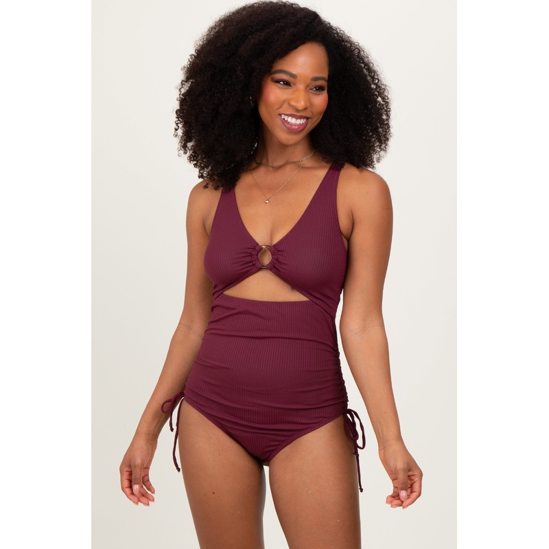 Plum Ribbed O-Ring Cutout Tie Side Swimsuit