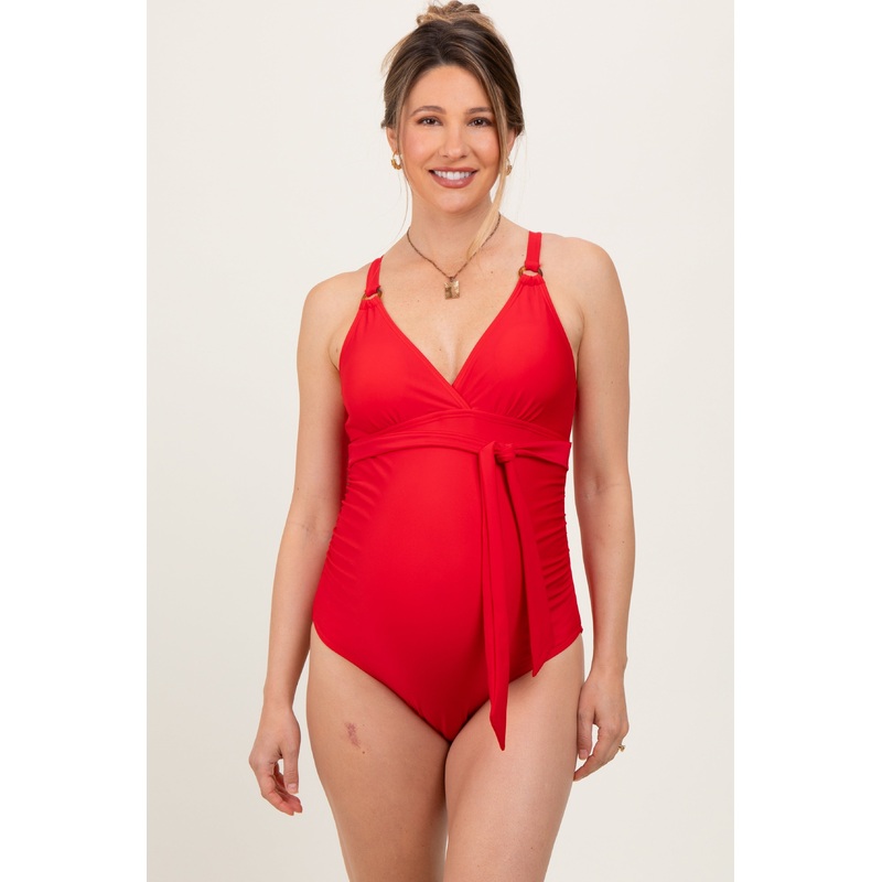 Red Crossover V-Neck Sash Tie Ruched Maternity Swimsuit