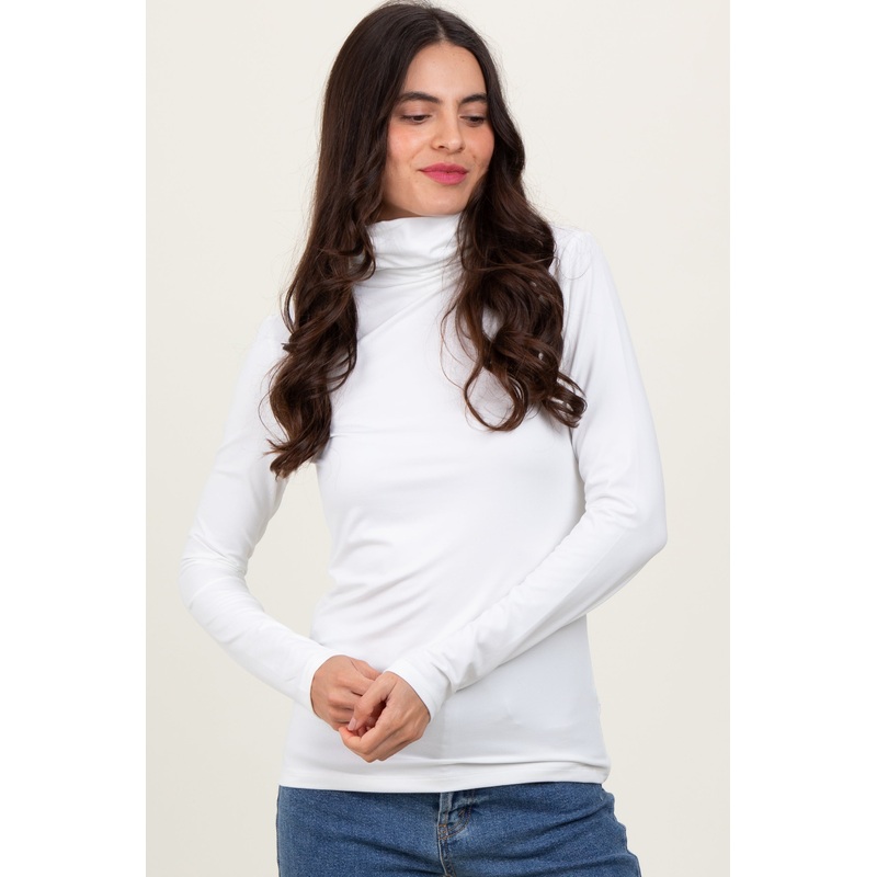 White Brushed Knit Basic Turtleneck Top