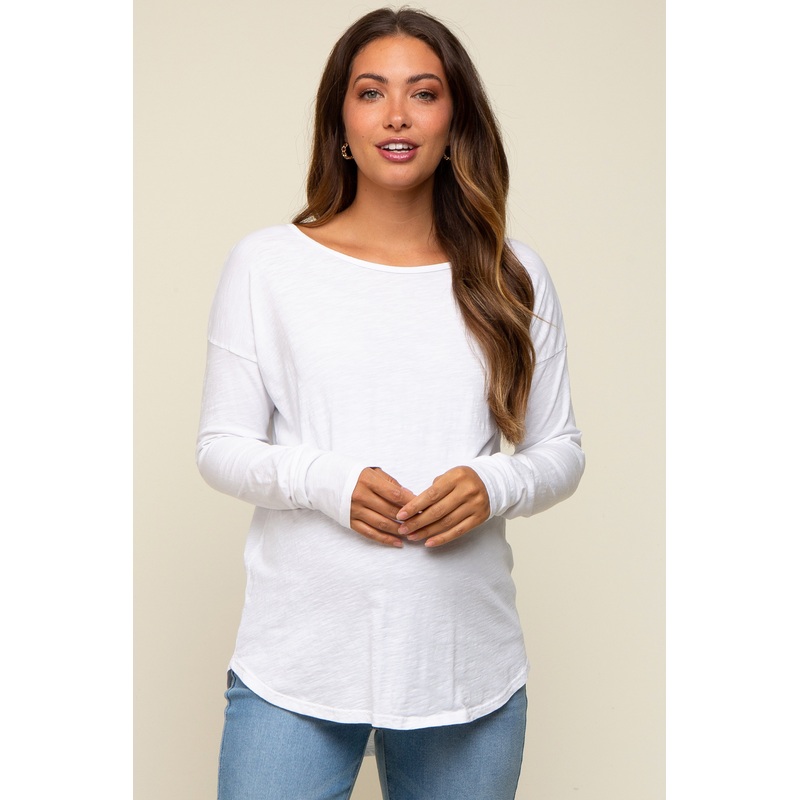 White Long Sleeve Curved Hem Maternity Top