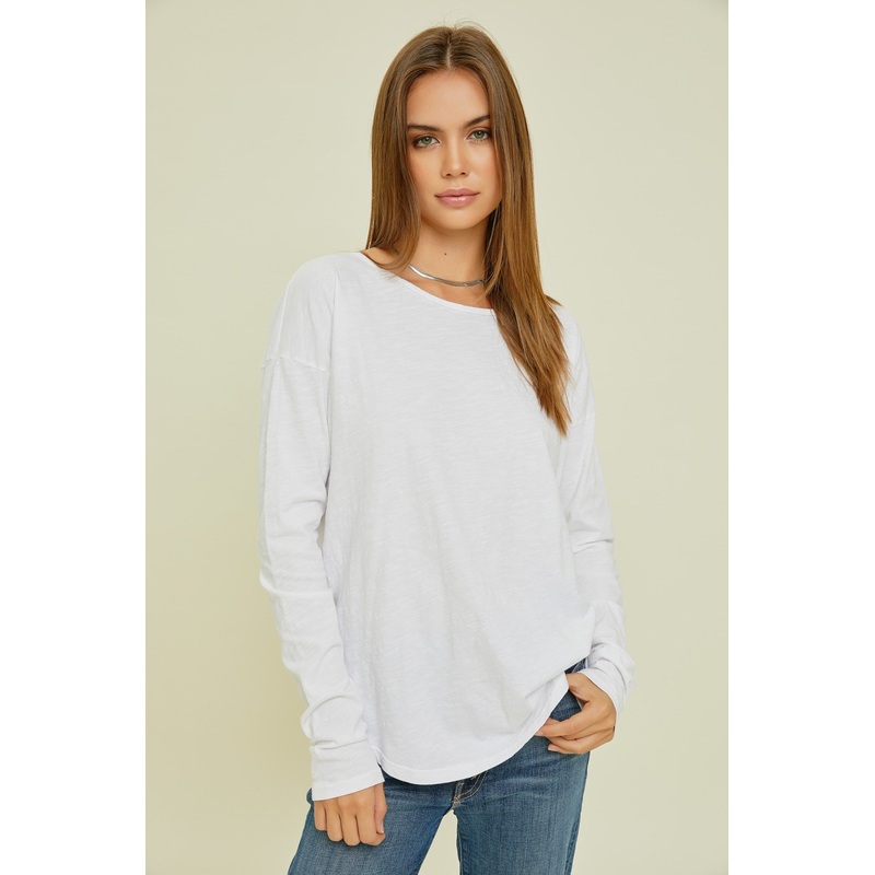 White Long Sleeve Curved Hem Top
