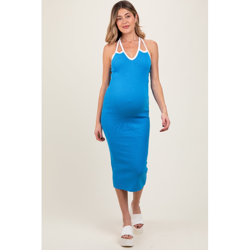 Aqua Contrast Trim Keyhole Cutout Maternity Midi Dress