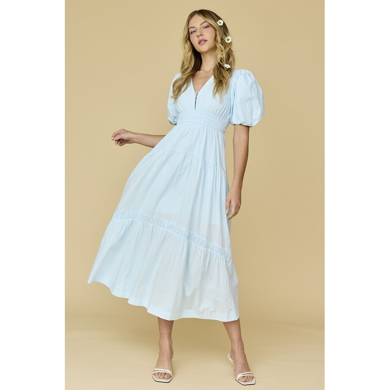 Baby Blue Puff Sleeve Midi Dress