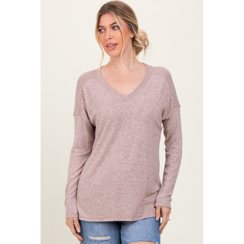 Beige Basic V-Neck Long Sleeve Brushed Knit Top