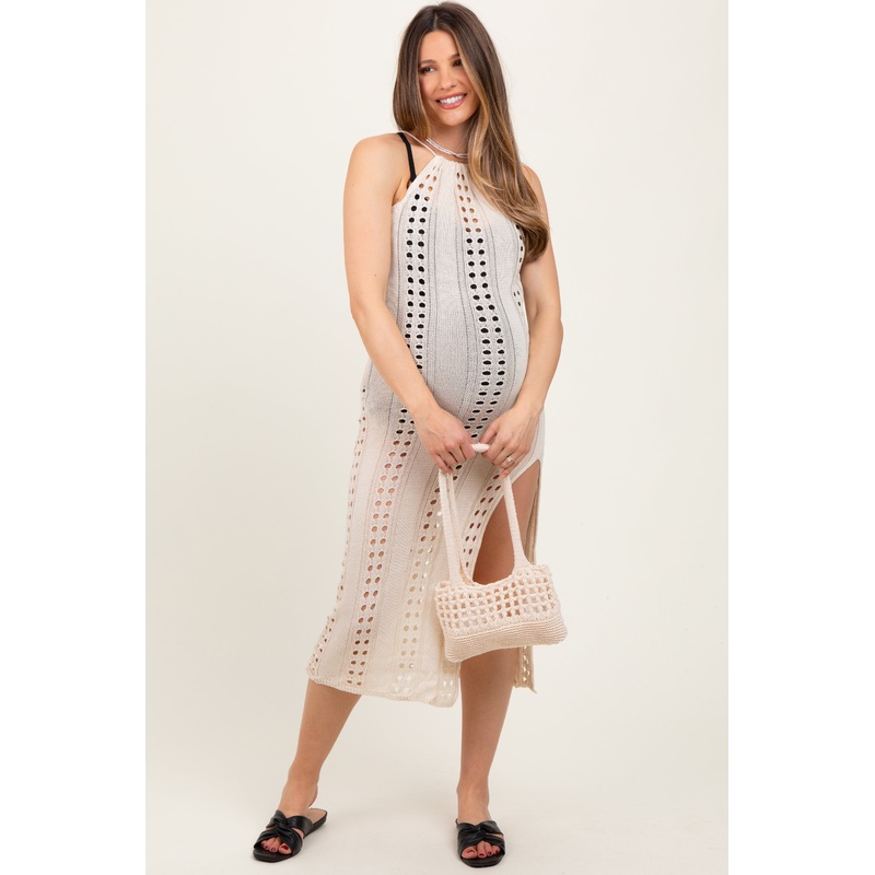 Beige Halter Crochet Maternity Cover Up