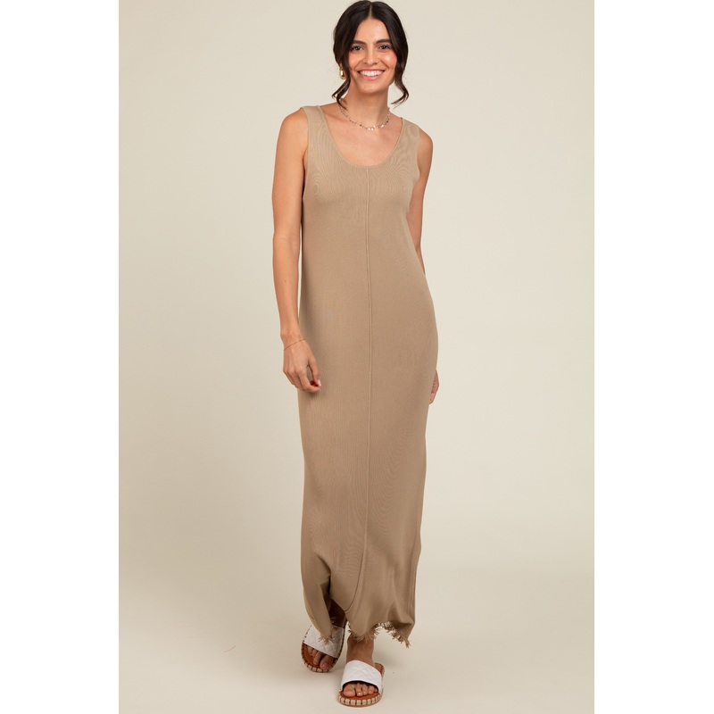 Beige Knit Fringe Midi Dress