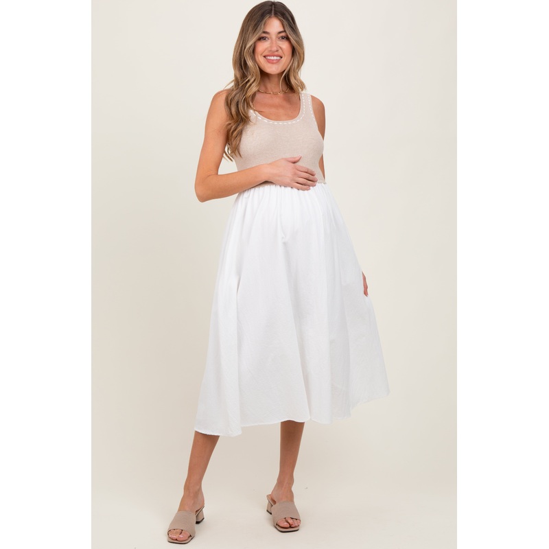 Beige Ribbed Top Contrast Sleeveless Maternity Midi Dress