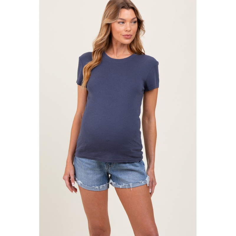 Blue High Rise Cuffed Maternity Denim Shorts