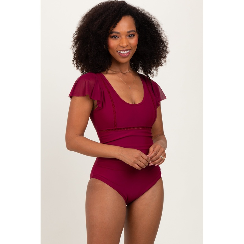 Burgundy Crochet Detail Ruched One Piece Swimsuit