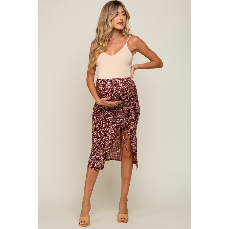 Burgundy Dot Print Ruched Slit Maternity Skirt