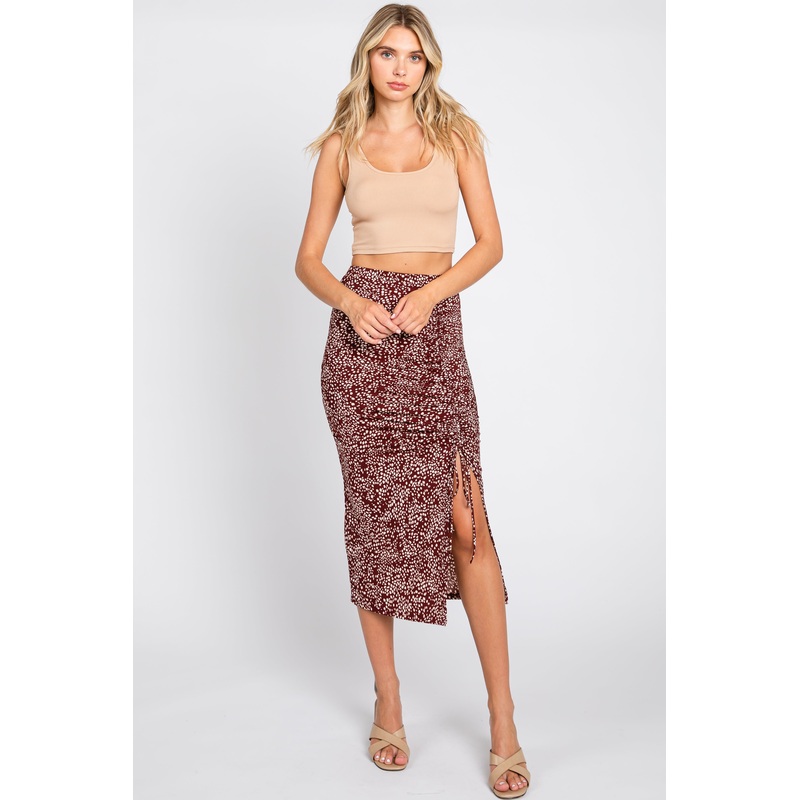Burgundy Dot Print Ruched Slit Skirt