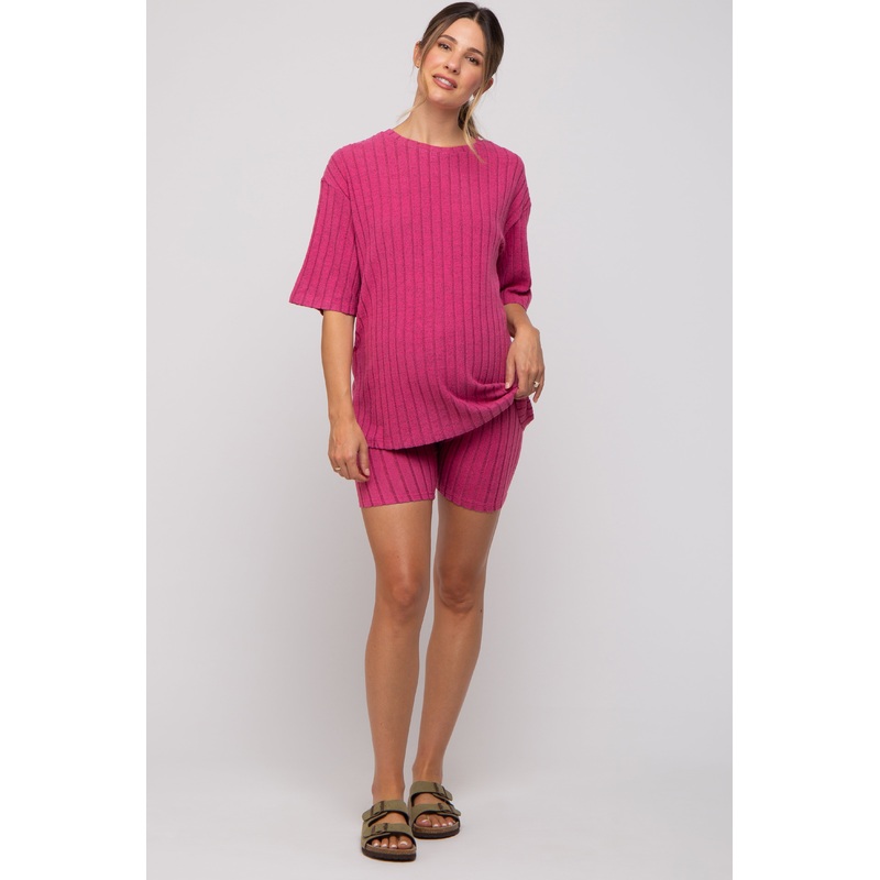 Fuchsia Ribbed Soft Short Sleeve Maternity Shorts Set