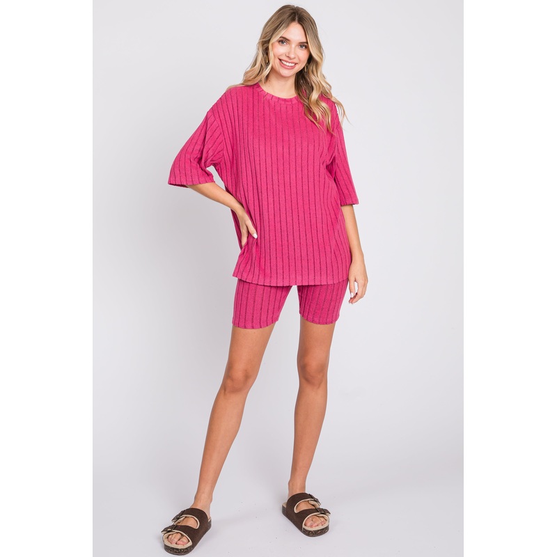 Fuchsia Ribbed Soft Short Sleeve Shorts Set