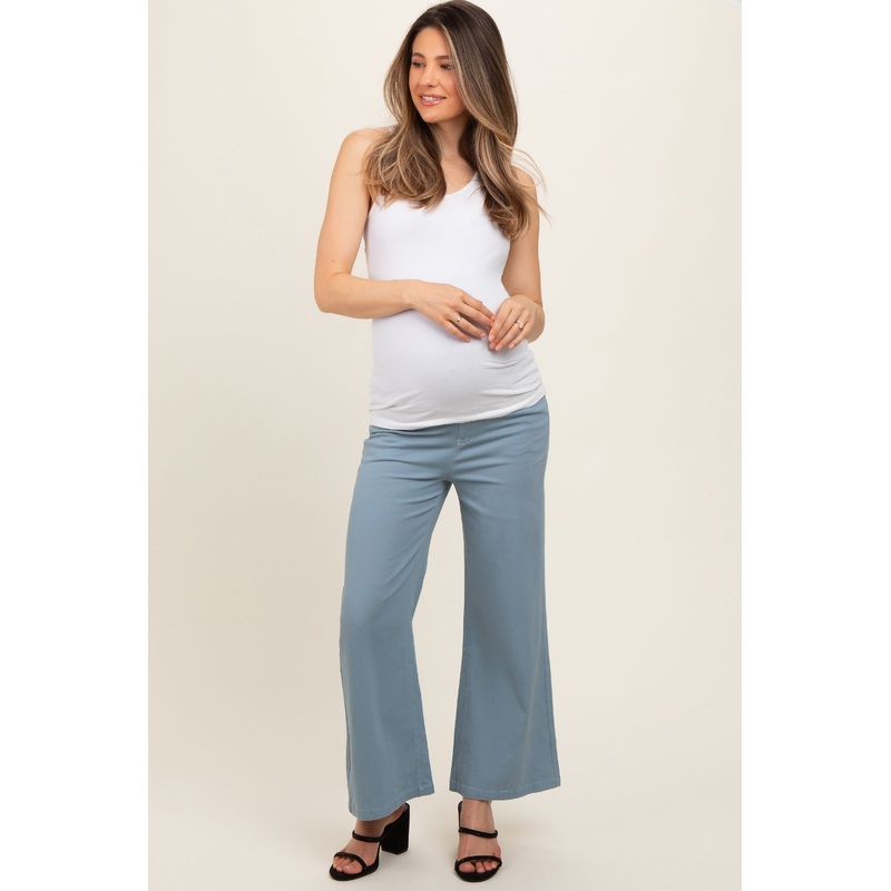 Light Blue Wide Leg Cropped Maternity Pants