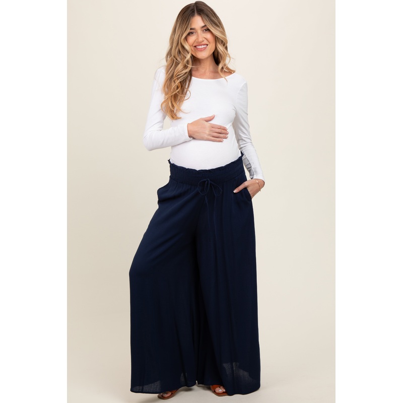 Navy Blue Wide Leg Smocked Lightweight Maternity Pants