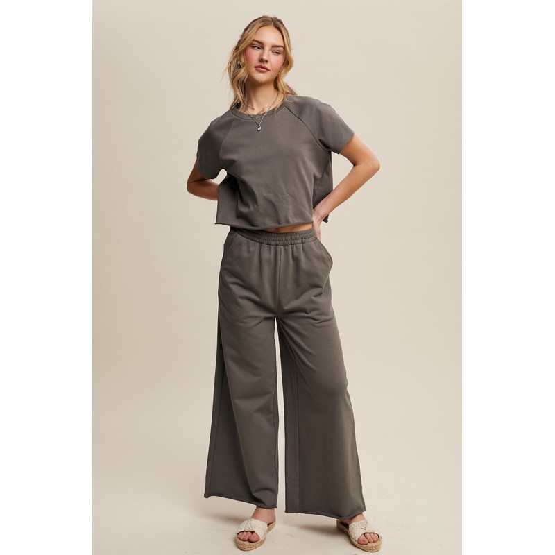 Olive Basic Tee And Wide Leg Pant Set