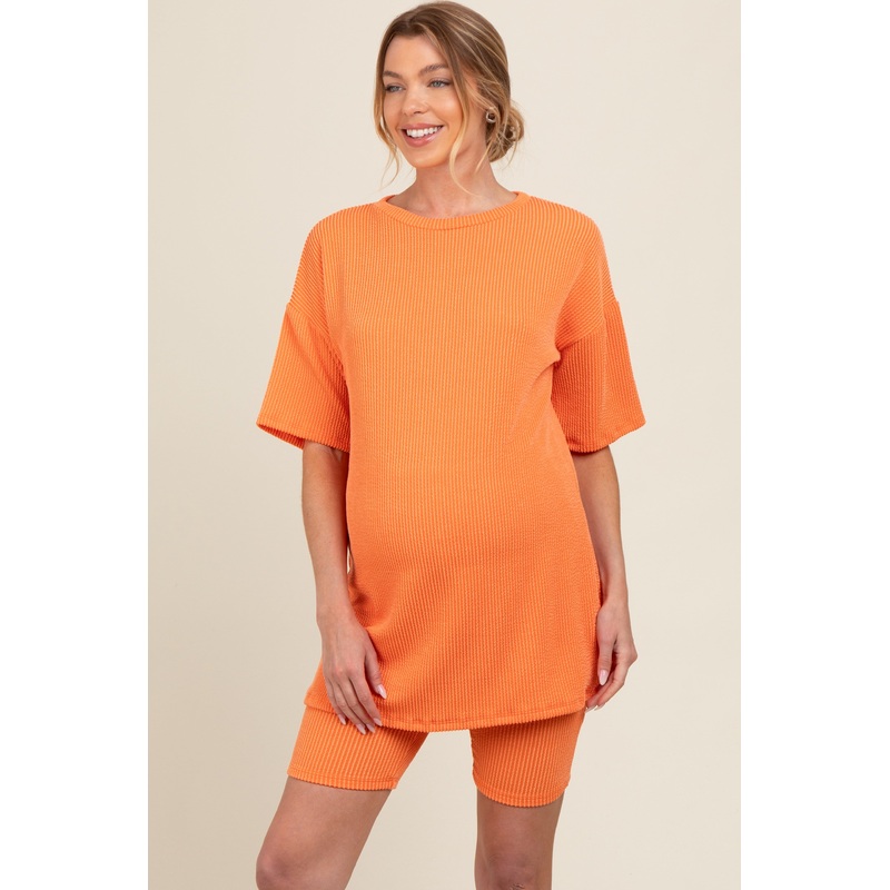 Orange Ribbed Maternity Biker Shorts Set