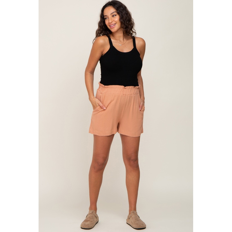 Peach Elastic Waist Linen Maternity Shorts