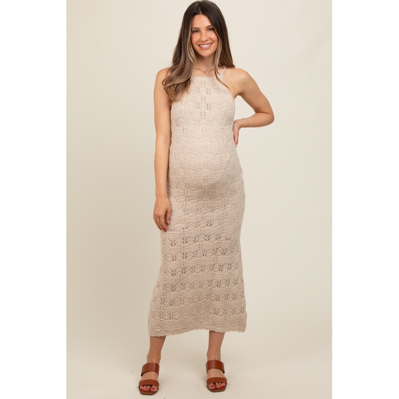 Beige Crochet Knit Back Cutout Maternity Maxi Dress