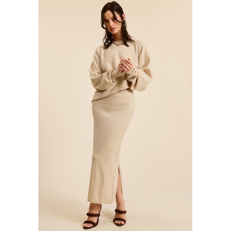 Beige Knit Asymmetrical Top Midi Skirt Set