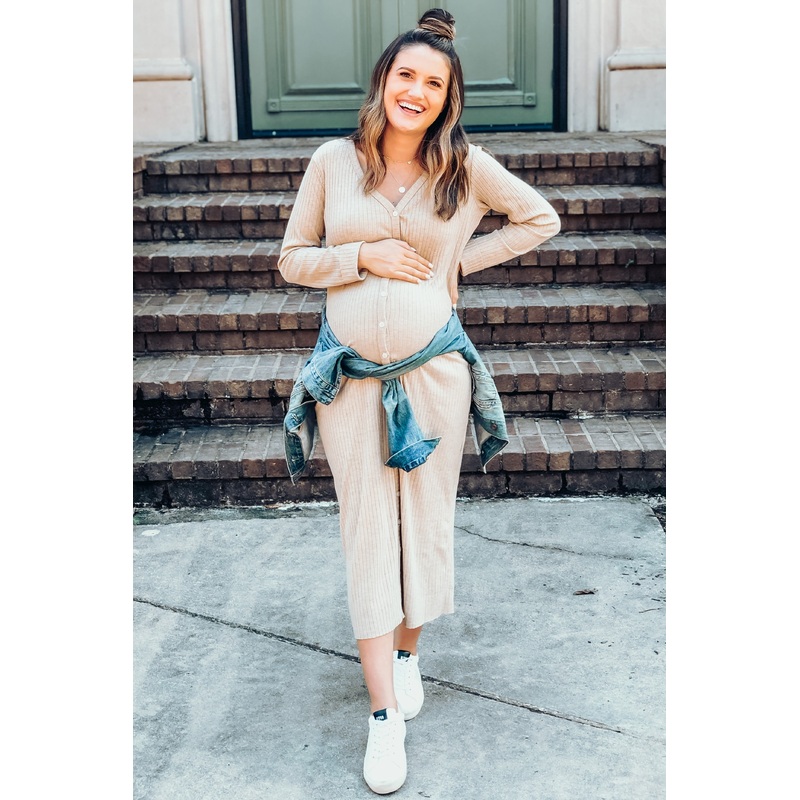 Beige Ribbed Button Front Midi Cardigan Maternity Dress