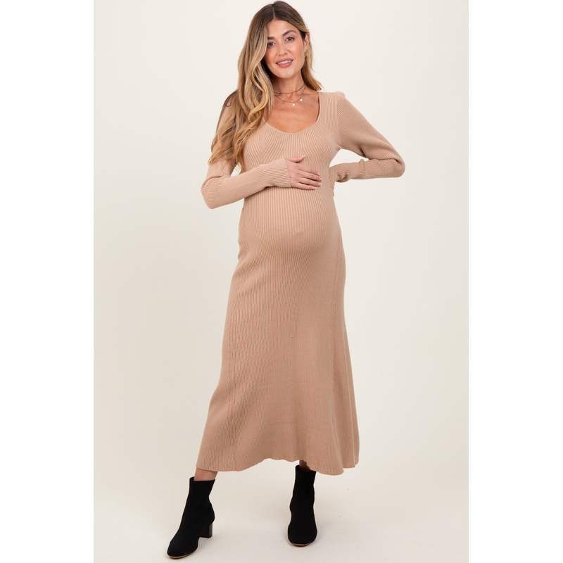 Beige Ribbed Knit Maternity Maxi Sweater Dress