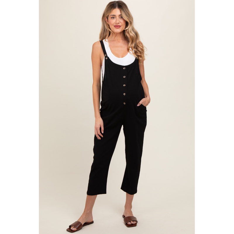 Black Button Down Maternity Cropped Jumpsuit
