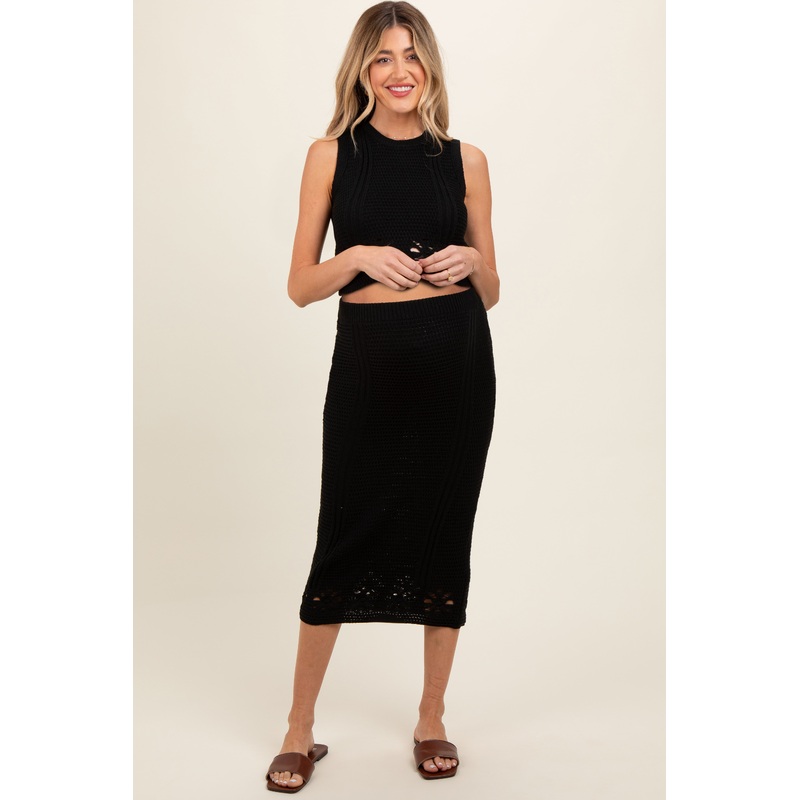 Black Crochet Swimsuit Coverup Top and Skirt Maternity Set