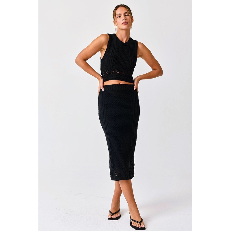 Black Crochet Swimsuit Coverup Top and Skirt Set