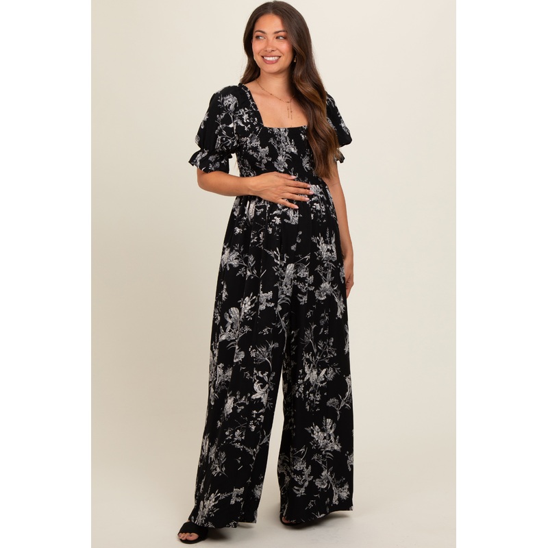 Black Floral Smocked Square Neck Wide Leg Maternity Jumpsuit