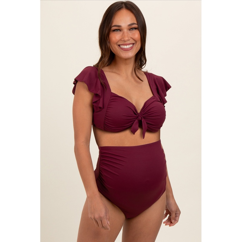 Burgundy Ribbed Ruffle Shoulder Front Tie High Waist Two-Piece Maternity Swimsuit