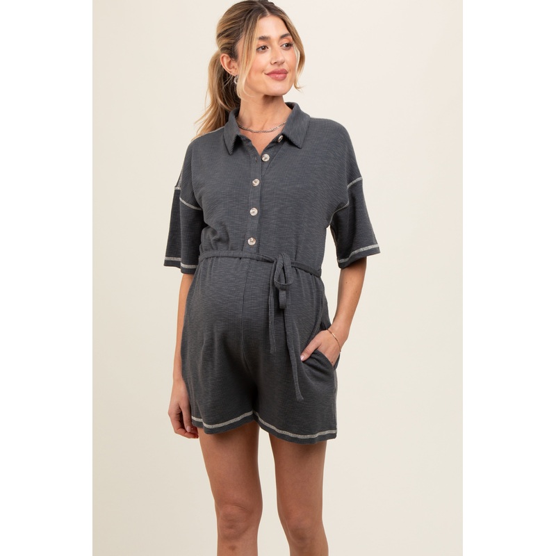 Charcoal Front Button Contrast Stitch Maternity Romper