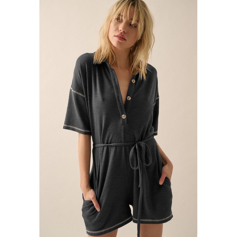 Charcoal Front Button Contrast Stitch Romper