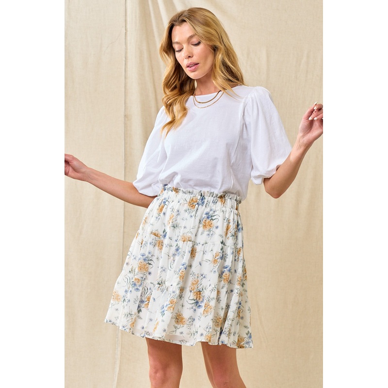 Ivory Blue Chiffon Floral Tiered Skirt