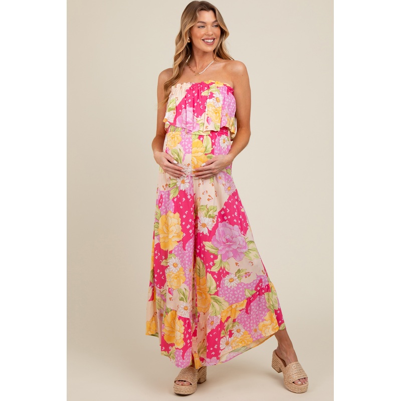 Multi-Color Floral Strapless Ruffle Wide Leg Maternity Jumpsuit