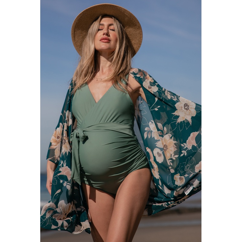 Olive Waist Tie Maternity One-Piece Swimsuit